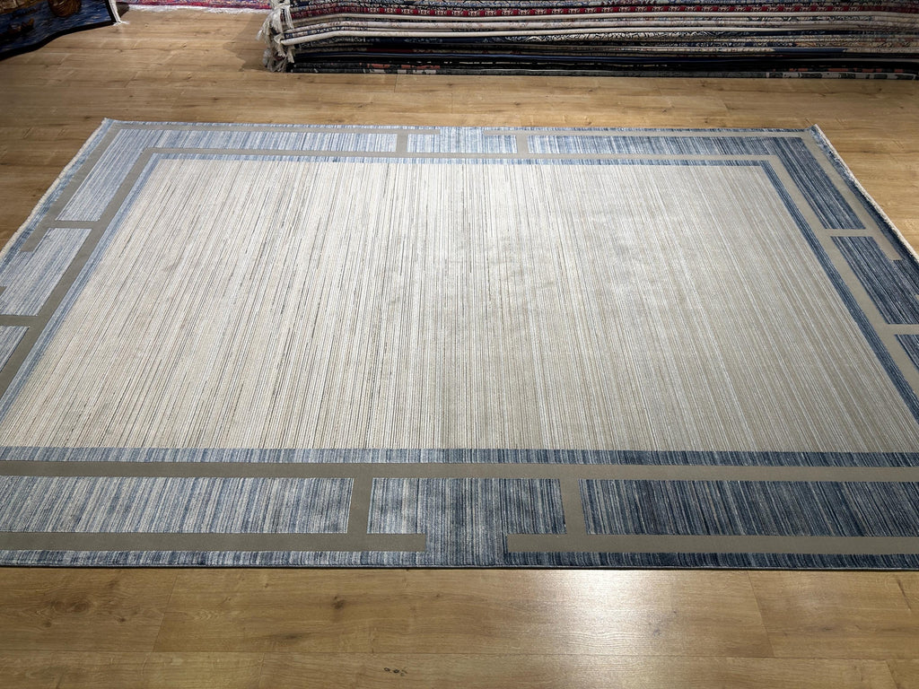 7x10 ft Blue Gray Beige Bamboo Rug, Bordered Minimalist Modern Rug, Oversize Carpet