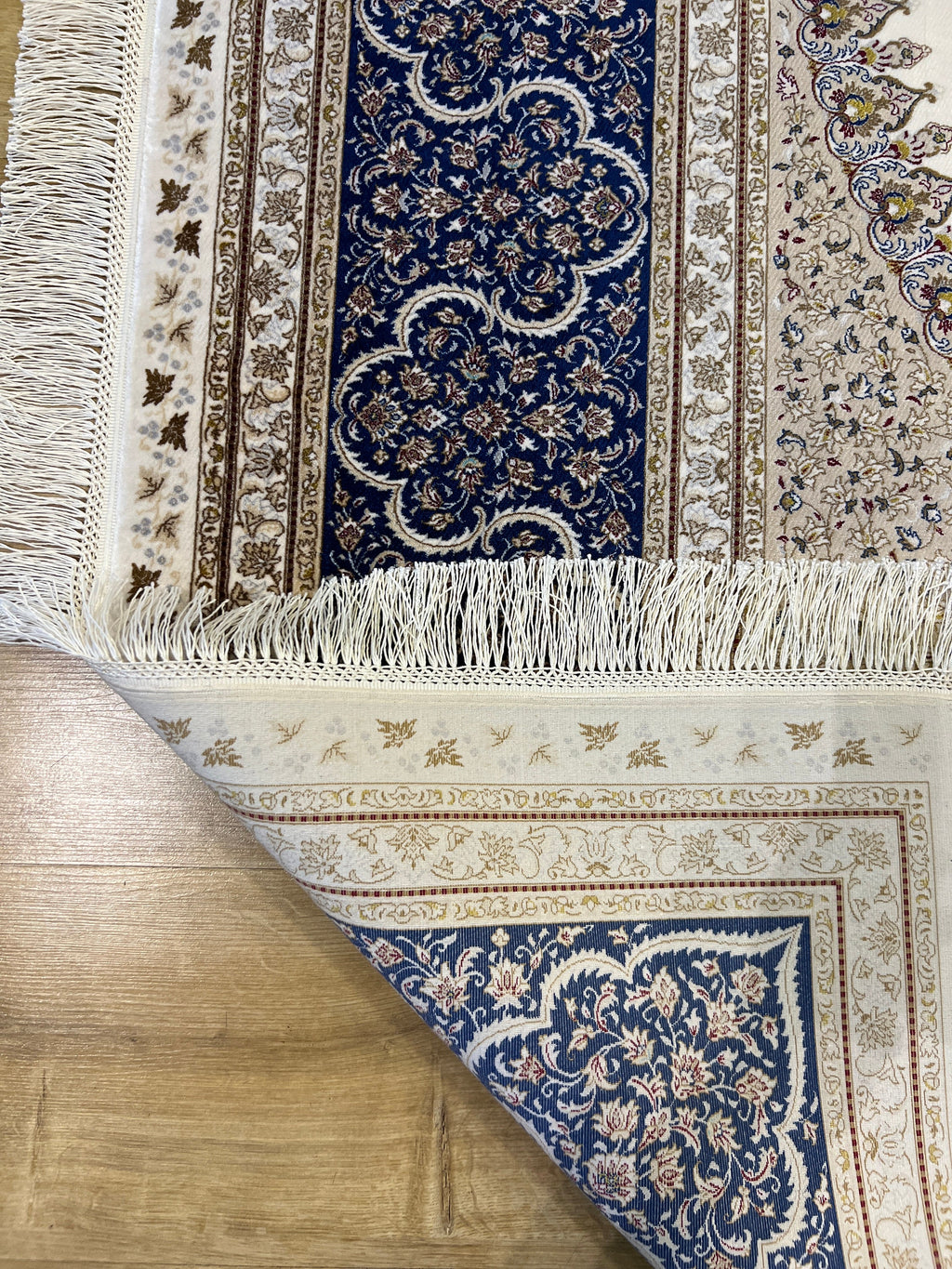7x10 ft Ivory Silk Rug, Navy Border with Gold Medallion Design