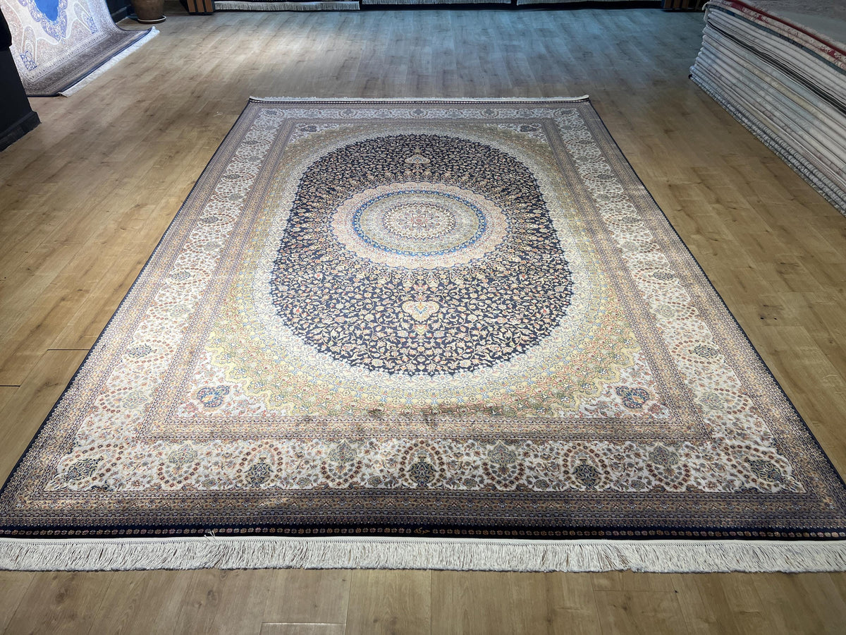 8x11 ft Dark Blue Silk Rug with Gold Medallion, Classic Turkish Style Luxury Carpet
