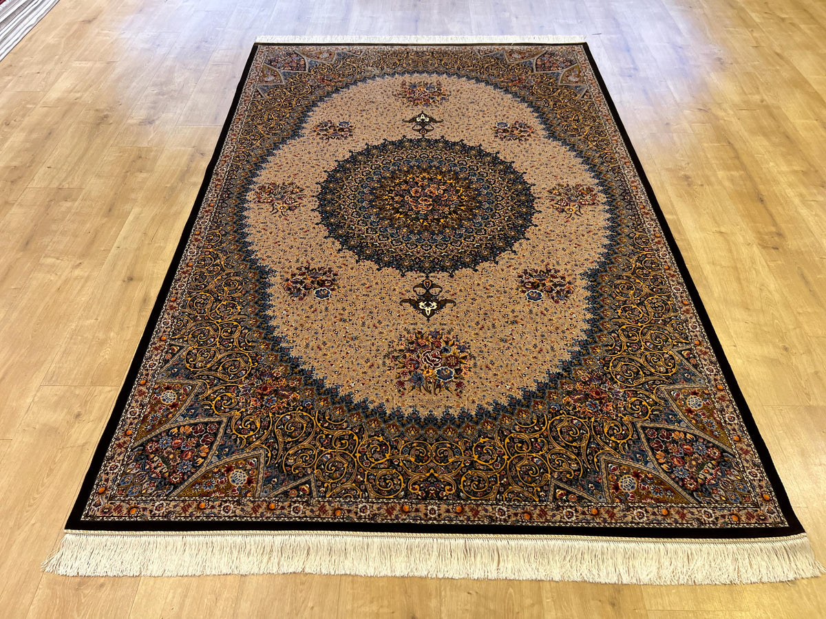 5x8 ft Brown Blue Silk Rug, Classic Medallion Design, Turkish Style Home Decor