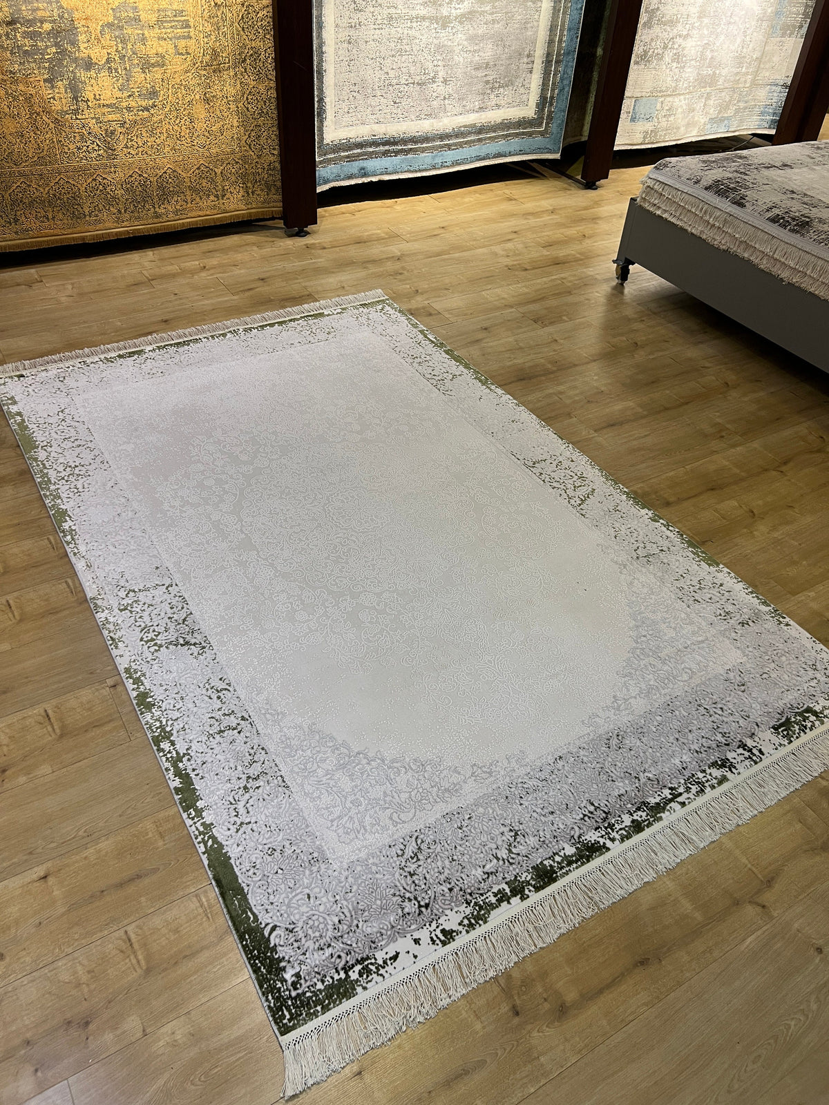 Gray Green Bamboo Area Rug, 5x8 ft, Turkish Style Carpet