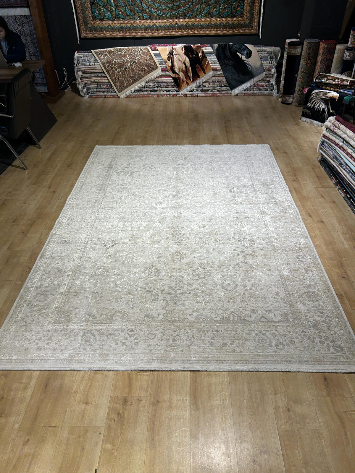 Gray Beige Floral Bamboo Rug with Ethnic Modern Patterns