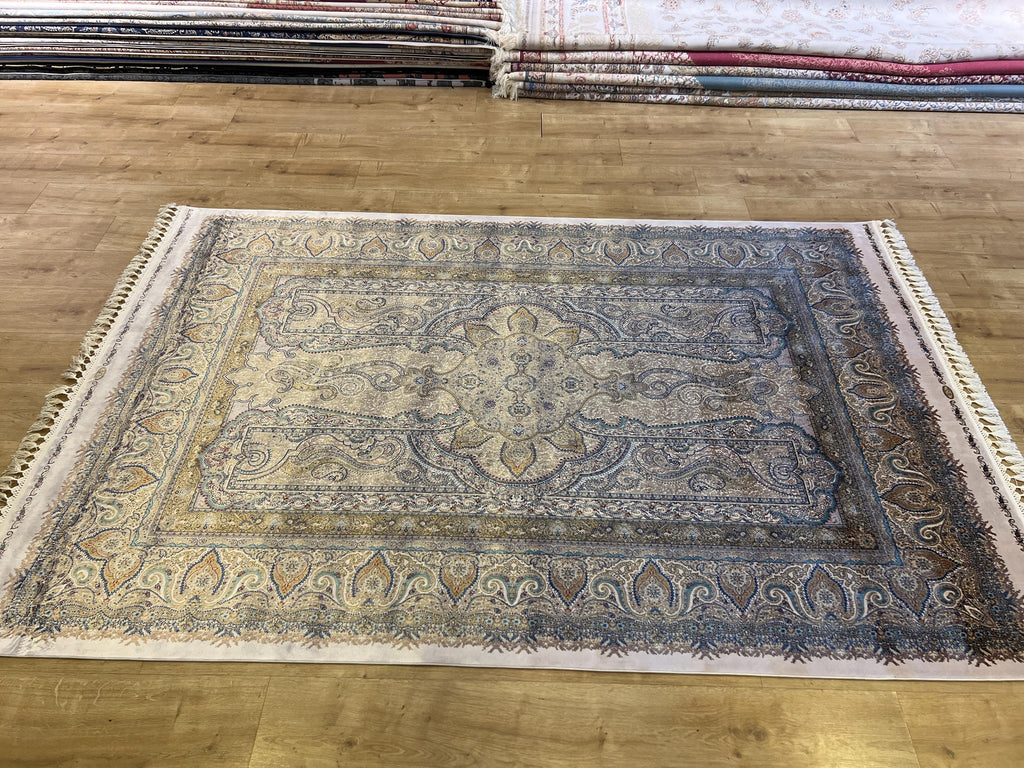 Blue Gold Silk Rug, Medallion Design Classic Silk Carpet