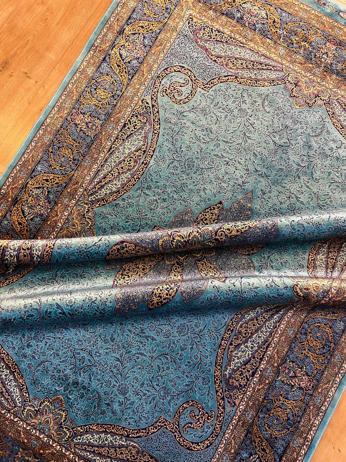 Blue Gold Modal Silk Rug, Classic Turkish Style, Medallion Pattern