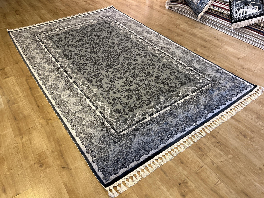 Gray Floral Pattern Luxury Silk Area Rug with Border, Luxury Home Deor