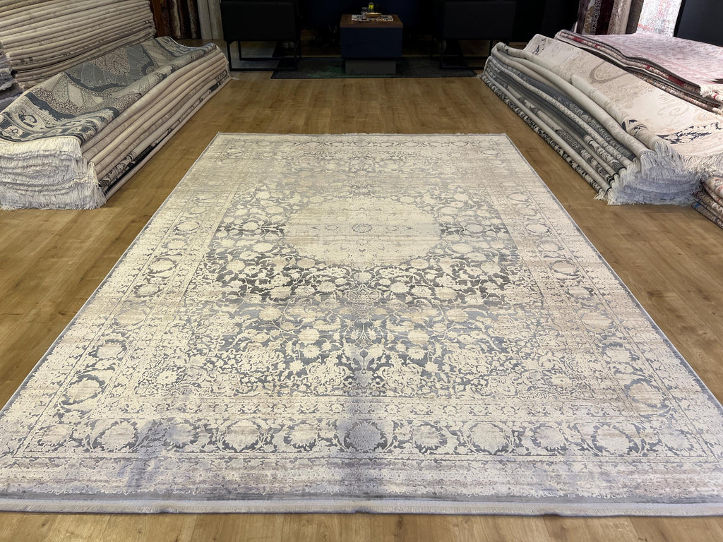 7x10 Gray Bamboo Acrylic Rug, Modern Medallion Pattern, Luxury Living Room Carpet