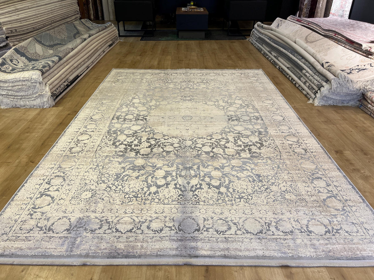 7x10 Gray Bamboo Acrylic Rug, Modern Medallion Pattern, Luxury Living Room Carpet