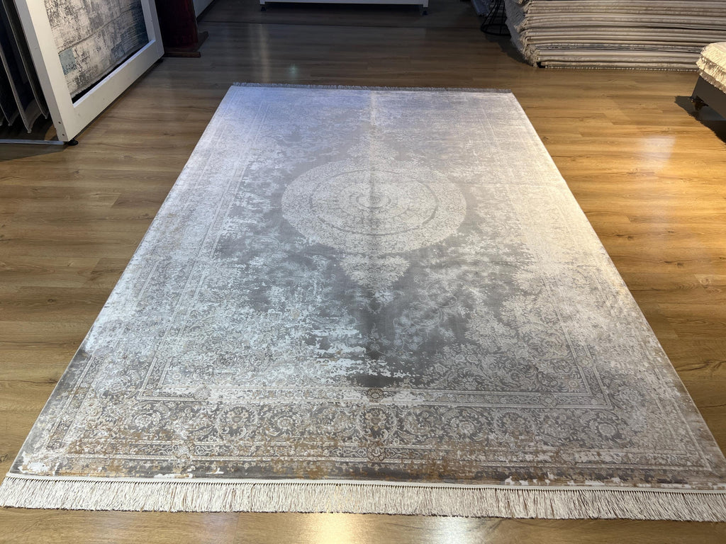Gray Brown Silk Rug with Medallion and Border, Antique Distressed Style