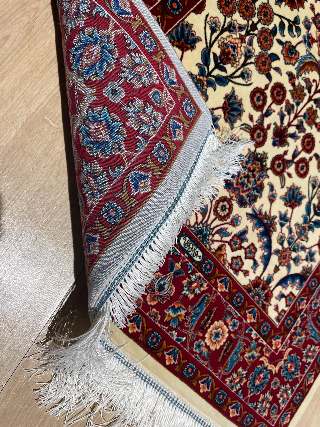 Cream Small Silk Rug, Red Bordered Floral Silk Mat, Luxury Home Decor