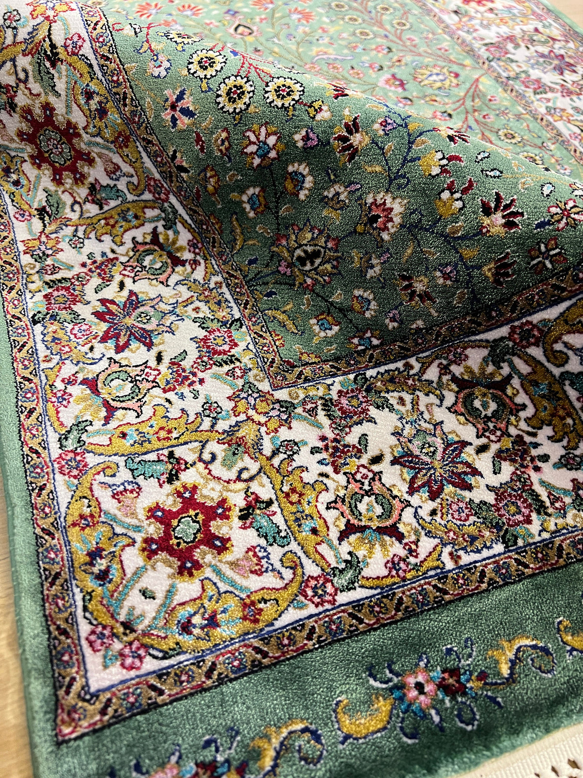 Green Beige Floral Silk Rug, Turkish Carpet, Luxury Home Decor