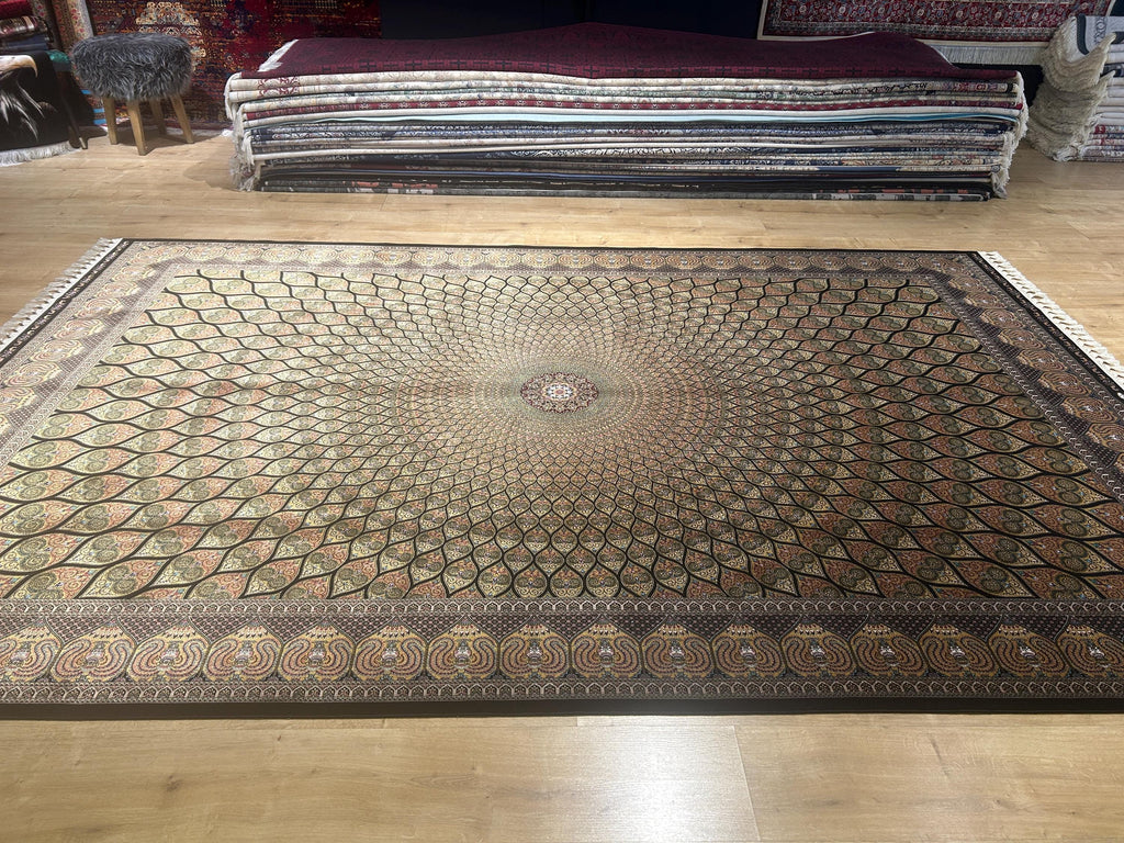 Gold Black Silk Rug, Medallion Peacock Tail Design Rug, Traditional Pattern Carpet