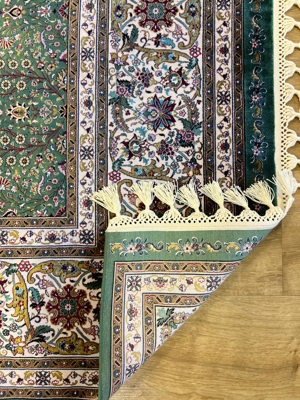 Green Floral Silk Rug with Ivory Frame Classic Turkish Design