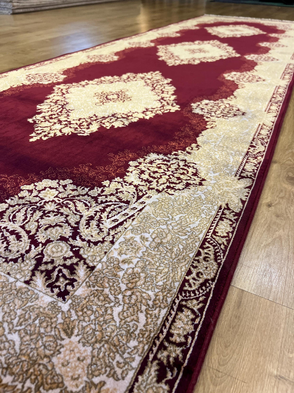 Red Gold Medallion Silk Rug, Turkish Carpet, 3x10 ft