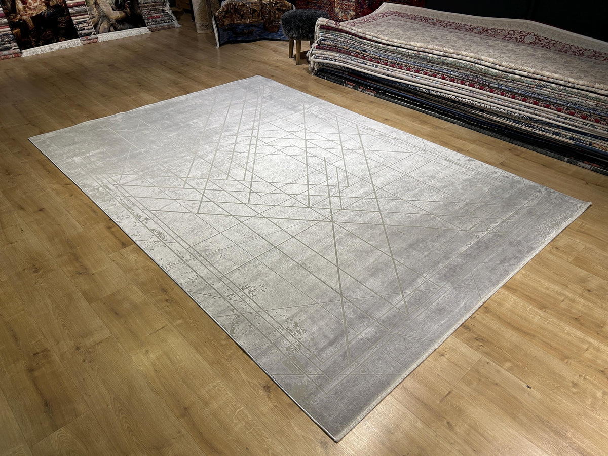 7x10 ft Gray Beige Bamboo Rug, Geometric Striped Pattern, Abstract Modern Area Rug