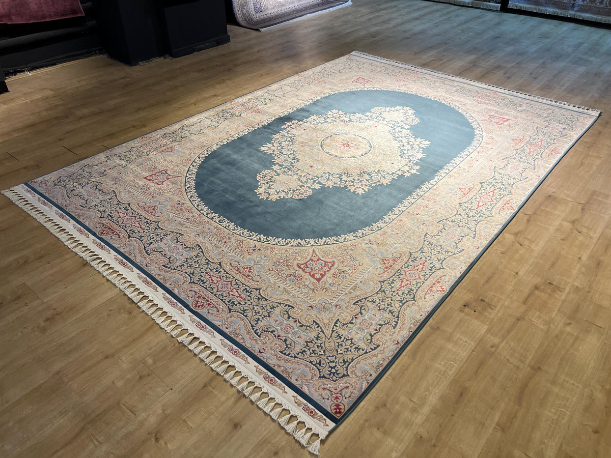 Blue Beige Silk Palace Rug, Traditional Turkish Carpet 8x11