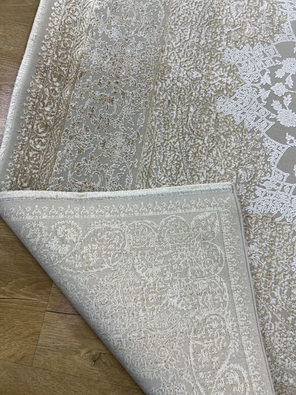 Gold Gray Bamboo Rug, 5x8 ft, Medallion Design Turkish Carpet