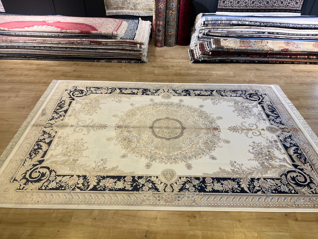 Ivory Silk Rug with Navy Blue Border Gold Medallion, Classic Turkish Rug