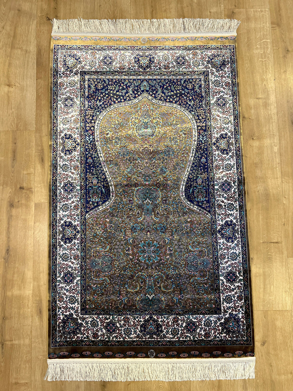 Gold Blue Silk Prayer Rug, Janamaz Mat, Muslim Gift Mat (2.62 X 4.10)