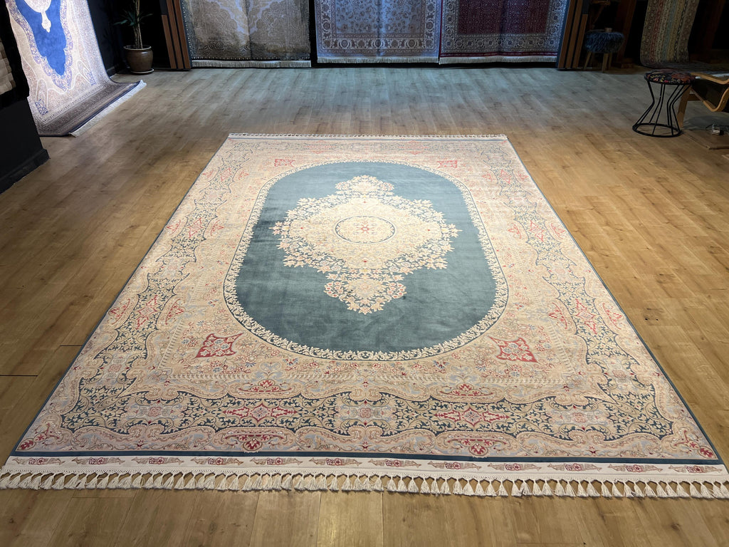 Blue Beige Silk Palace Rug, Traditional Turkish Carpet 8x11