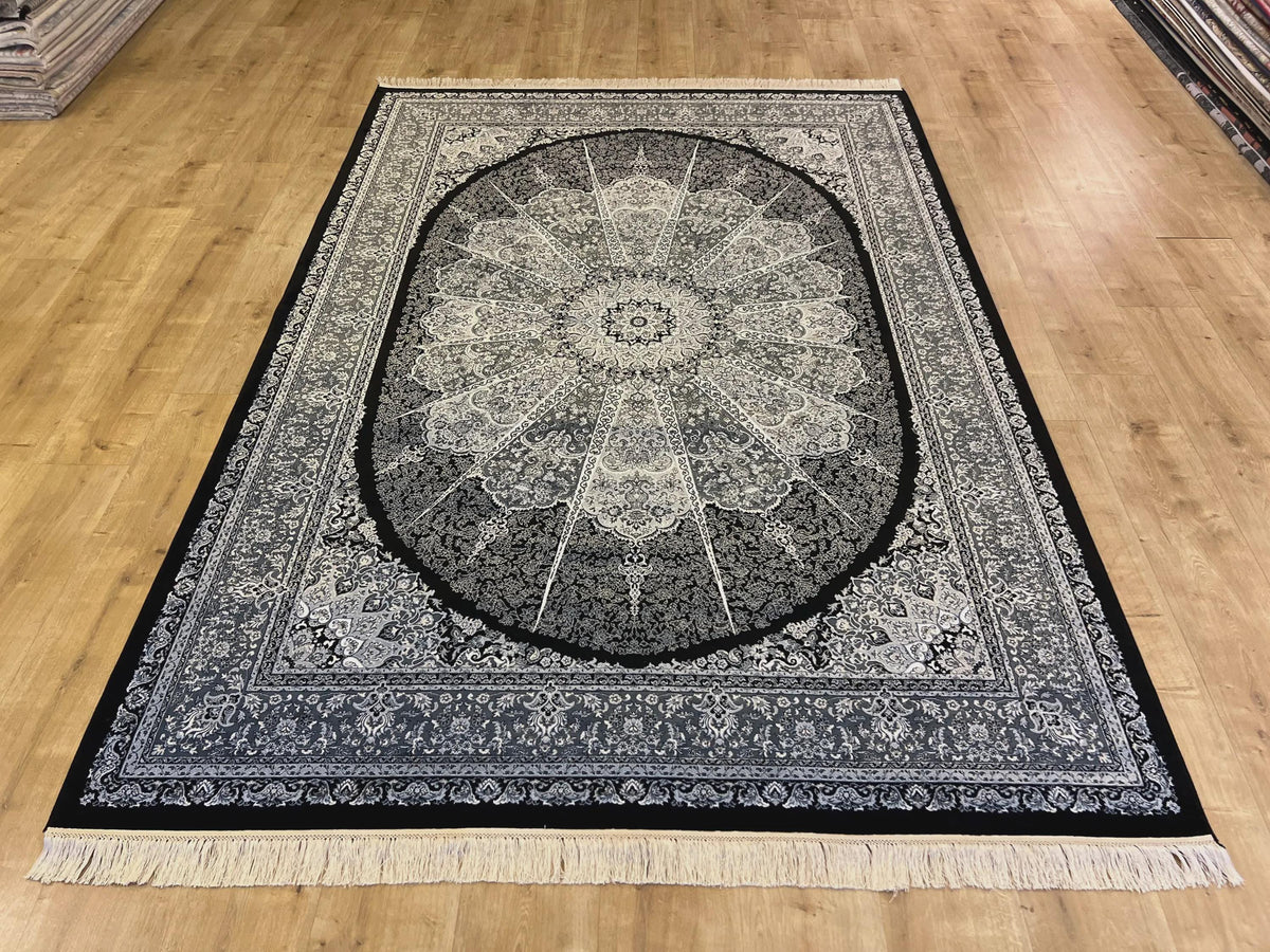 5x8 ft Black Silk Rug, Gray Medallion, Classic Turkish Style, Luxury Carpet