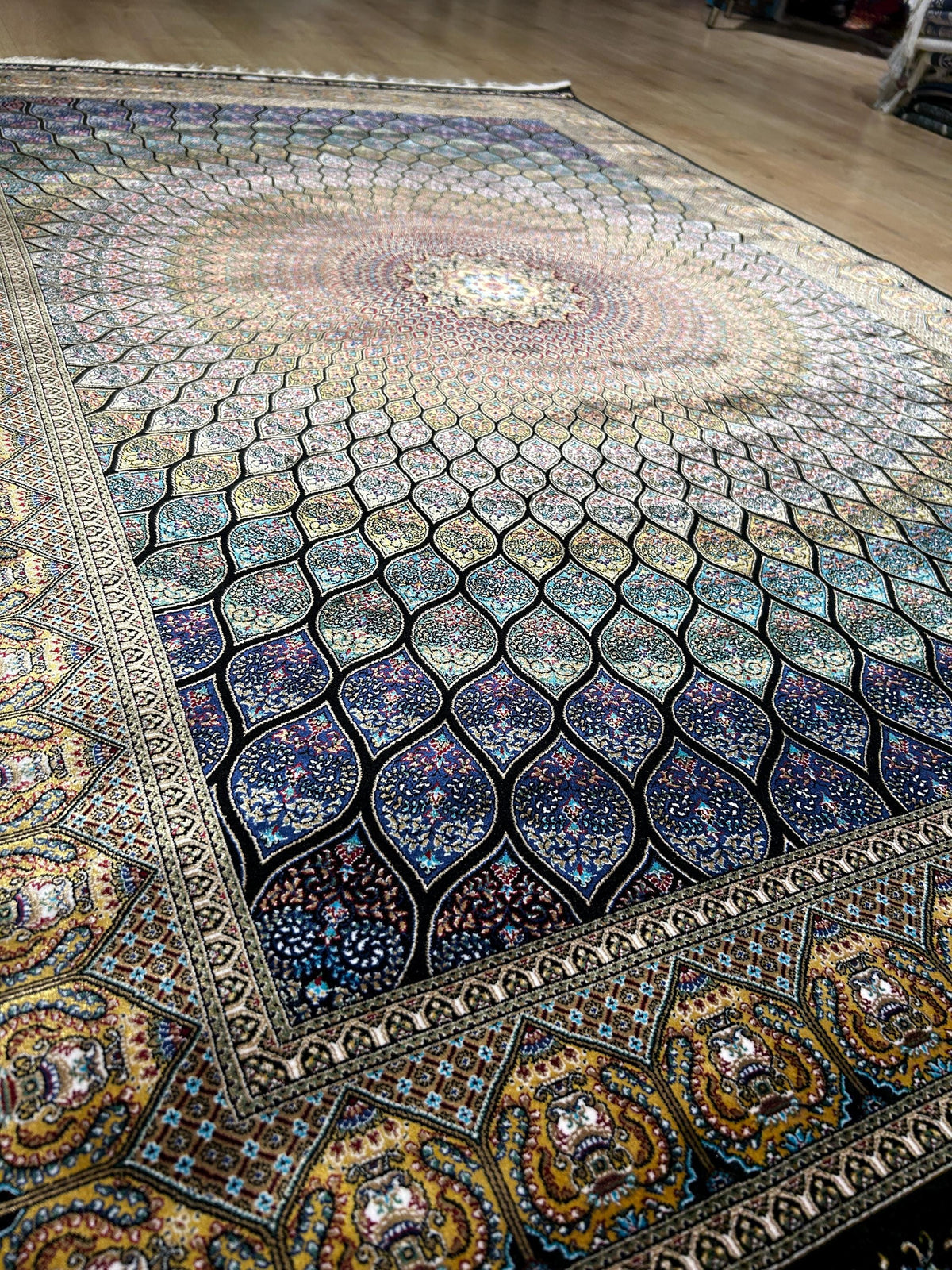 4x6 ft Blue Gold Silk Rug, Medallion Design, Classic Turkish Style Carpet, Luxury Rug