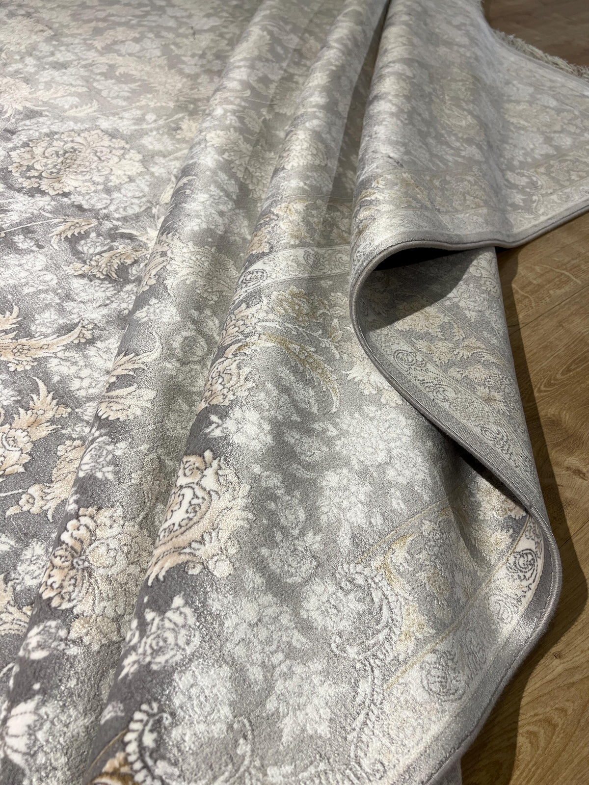 10x13 ft Gray Classic Silk Rug with Beige Floral Motifs, Big Silk Carpet