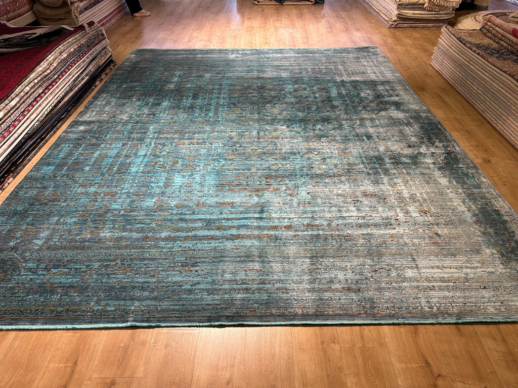 10x13 ft Turquoise Bamboo Rug, Distressed Pattern, Modern Rug