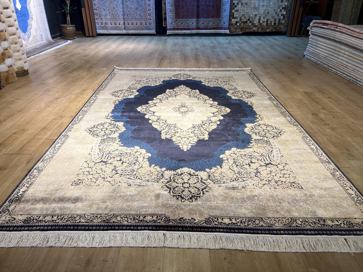7x10 ft Navy Silk Rug, Gold Medallion and Border, Luxury Turkish Style