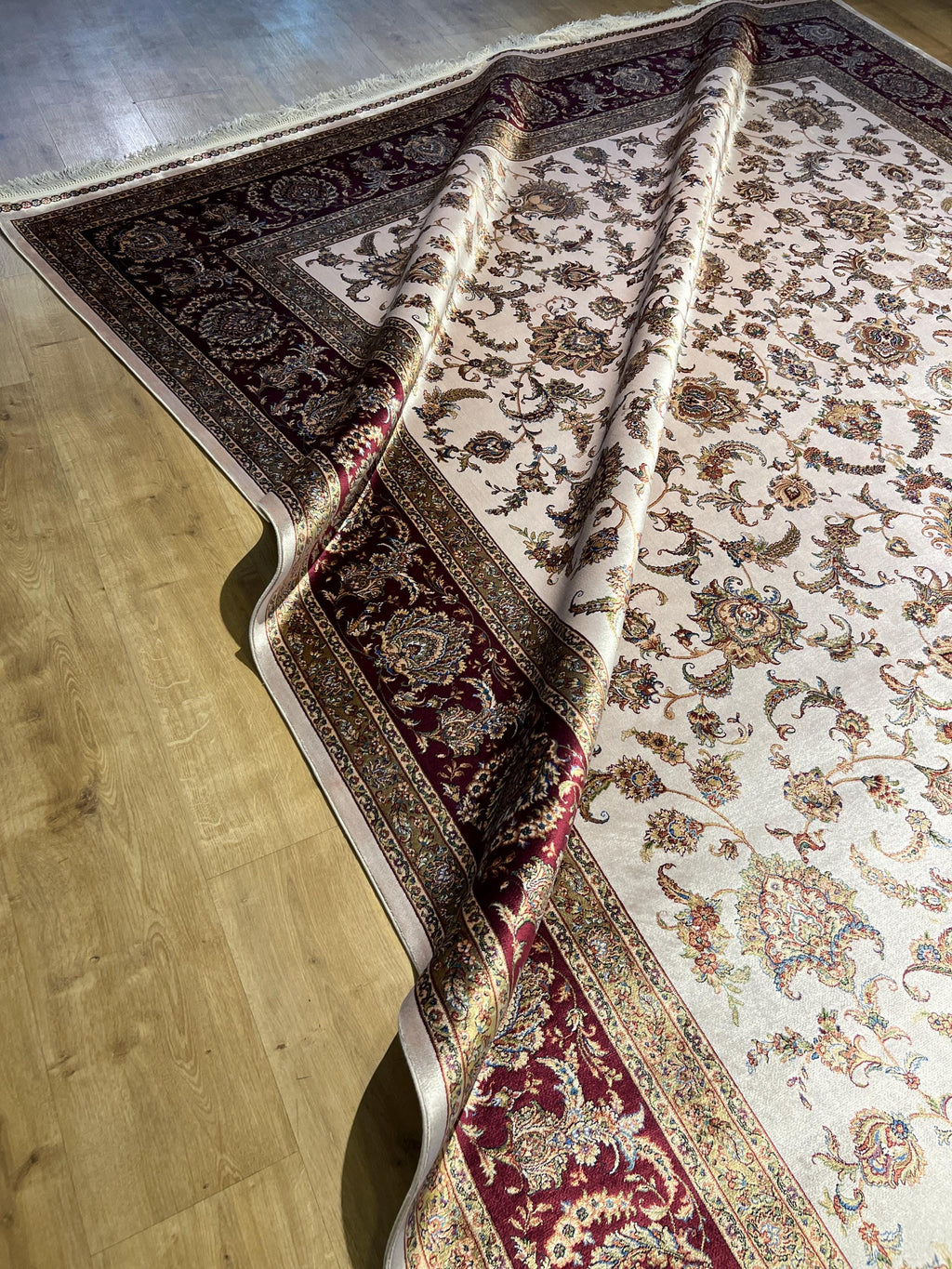 8x11 ft Ivory Silk Bamboo Rug with Red Border and Gold Pattern, Classic Design