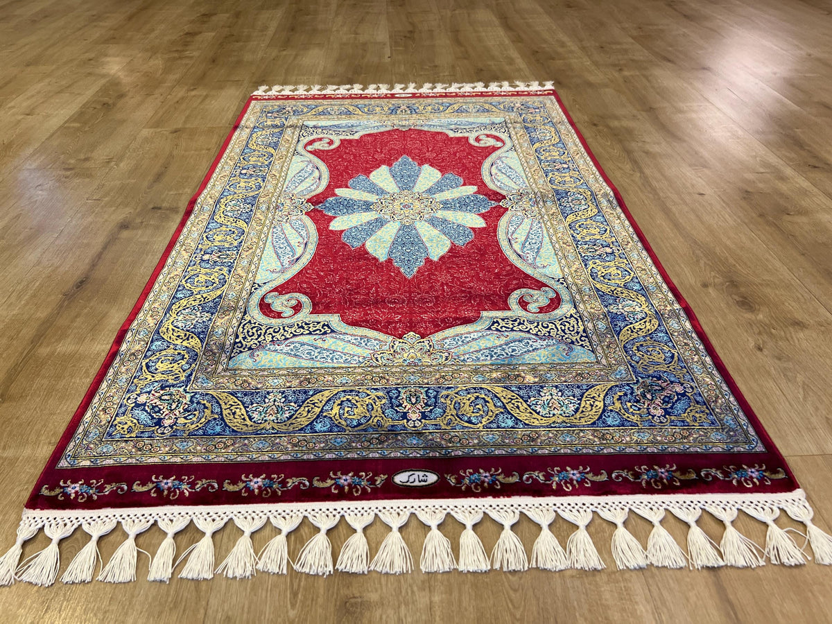 Red Silk Rug with Blue Medallion Pattern, Small Silk Carpet