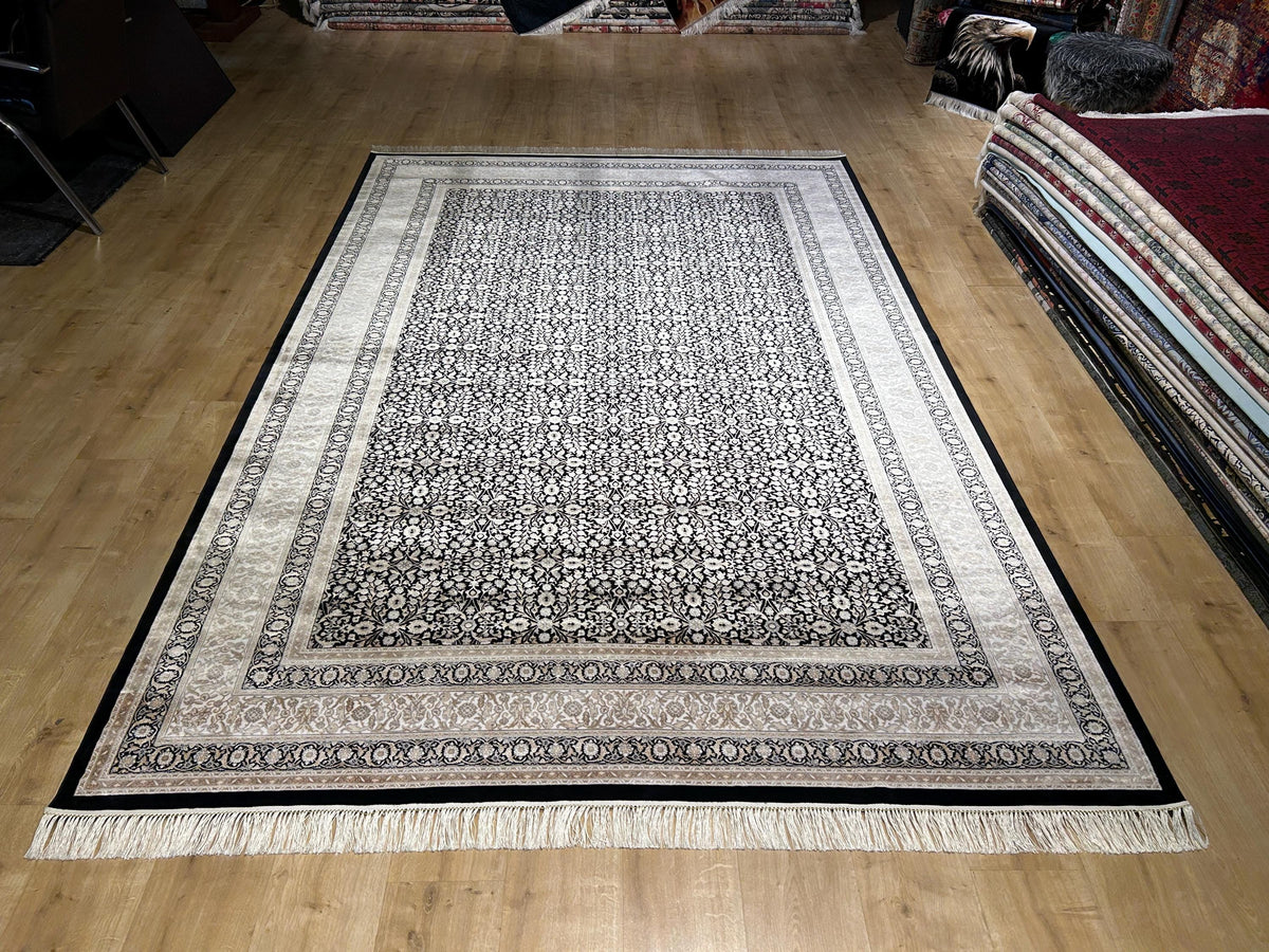 Black Silk Rug with Beige Floral Pattern, Classic Turkish Rug