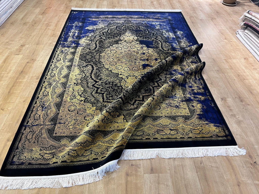 7x10 ft Navy Blue Silk Rug, Antique Distressed Pattern Gold Medallion, Classic Design
