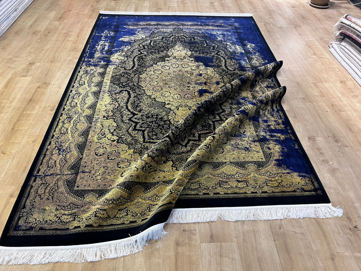 7x10 ft Navy Blue Silk Rug, Antique Distressed Pattern Gold Medallion, Classic Design