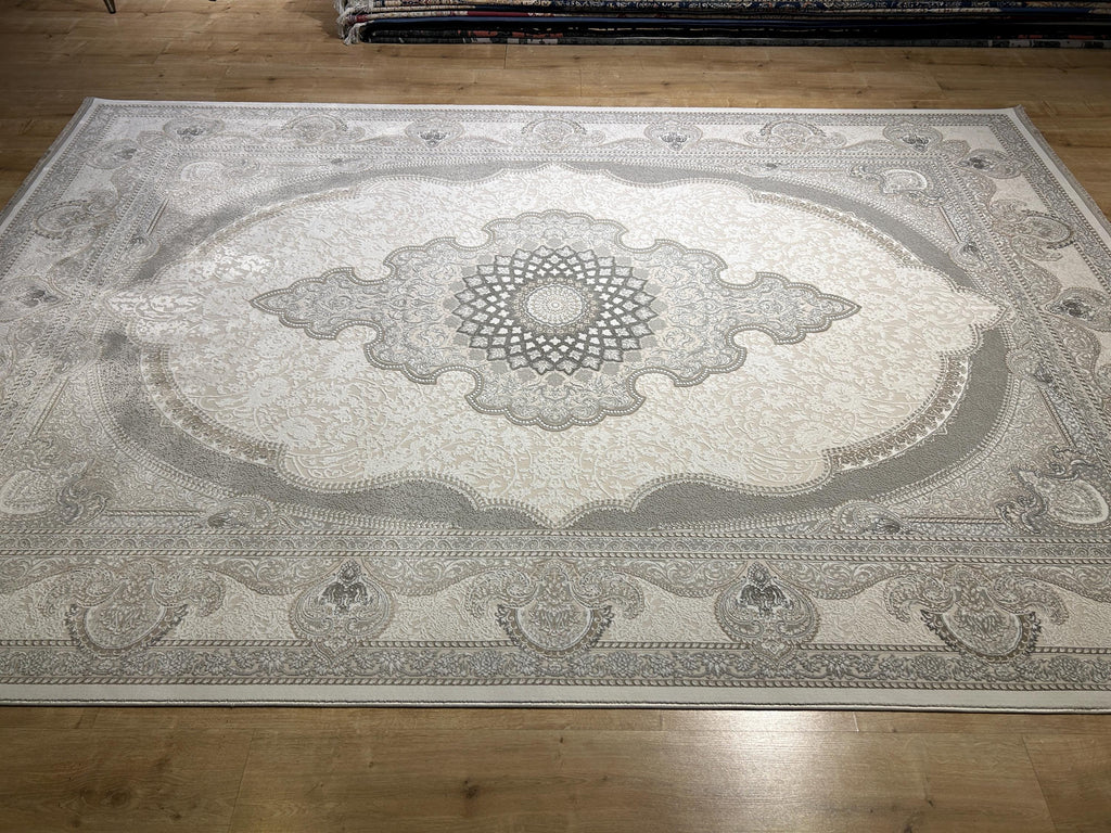 Gray Ivory Bamboo Rug, Classic Medallion Design Bamboo Carpet, Turkish Style Home Decor
