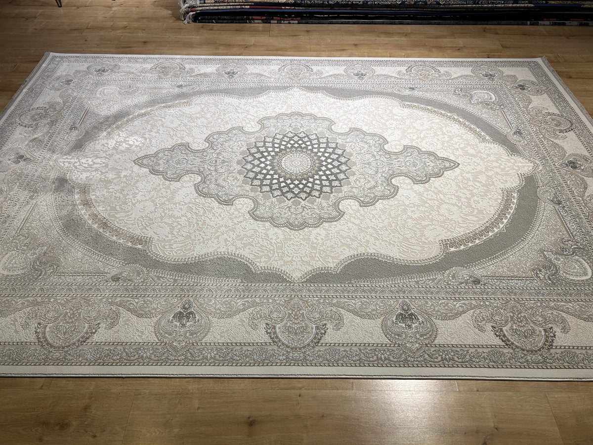 Gray Ivory Bamboo Rug, Classic Medallion Design Bamboo Carpet, Turkish Style Home Decor