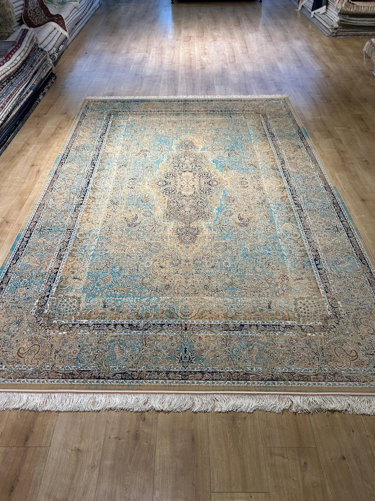 Beige Blue Silk Rug, Classic Silk Carpet with Distressed Pattern