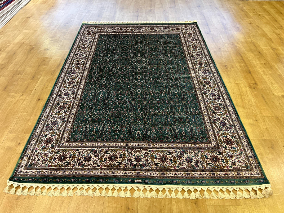 Green Floral Silk Rug with Ivory Frame Classic Turkish Design