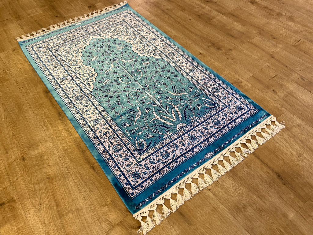 Blue Silk Muslim Prayer Rug, Janamaz Mat, Prayer Gift 2.62X4.10 ft
