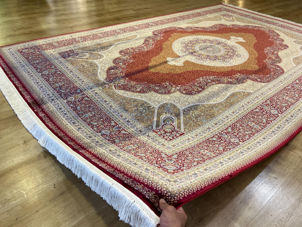 7x10 ft Red Modal Silk Rug, Ornate Medallion Floral Pattern, Luxury Turkish Large Carpet