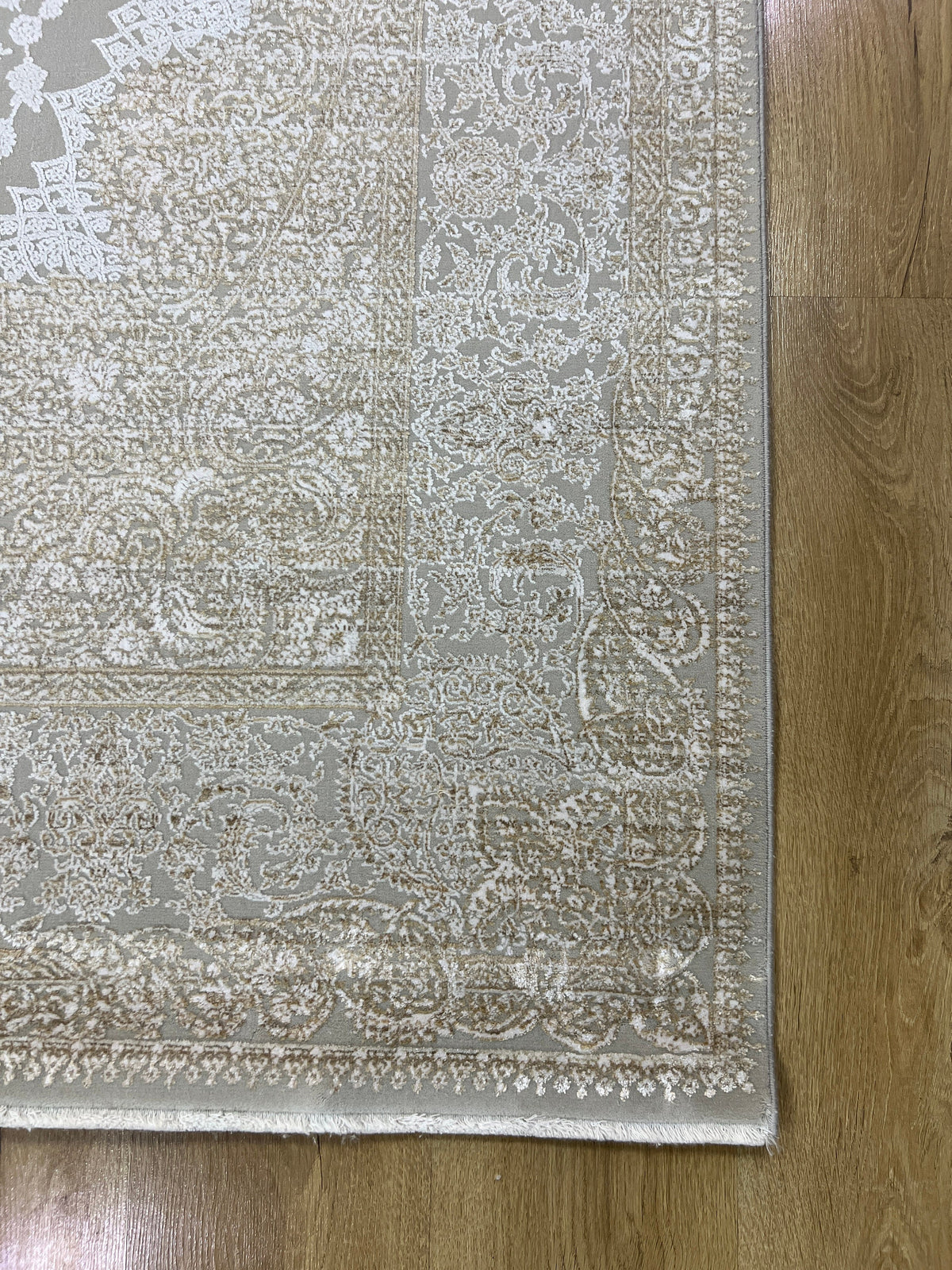 Gold Gray Bamboo Rug, 5x8 ft, Medallion Design Turkish Carpet