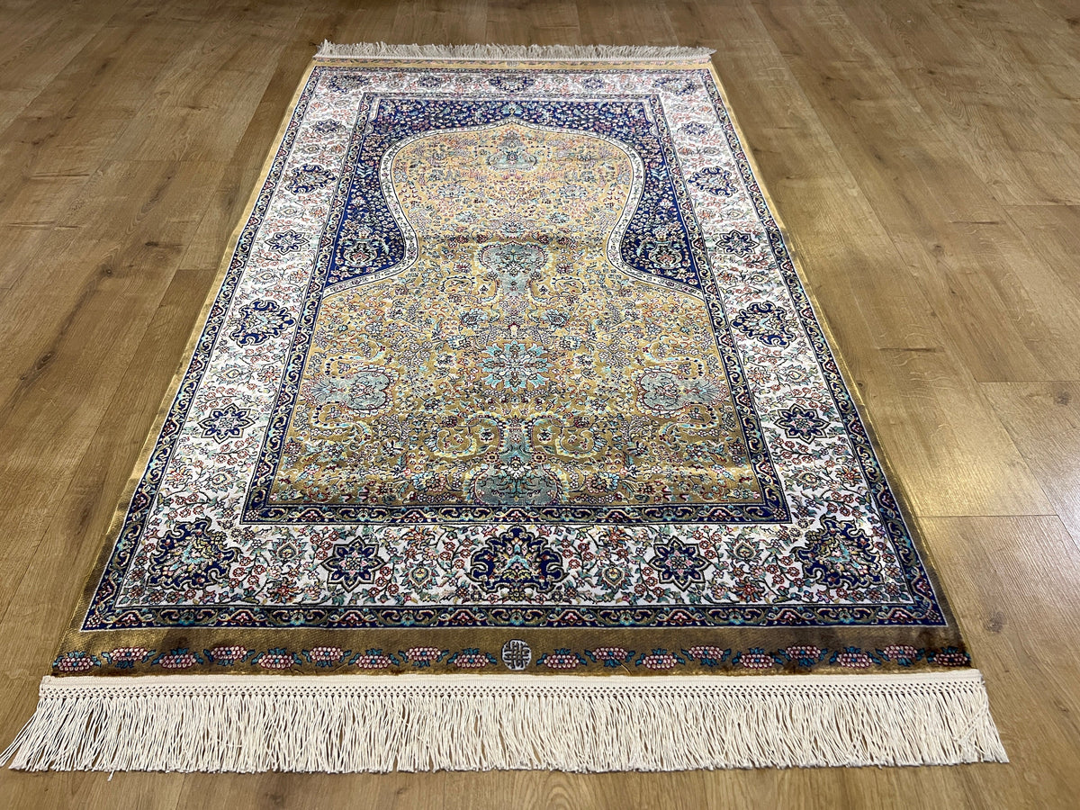 Gold Blue Silk Prayer Rug, Janamaz Mat, Muslim Gift Mat (2.62 X 4.10)