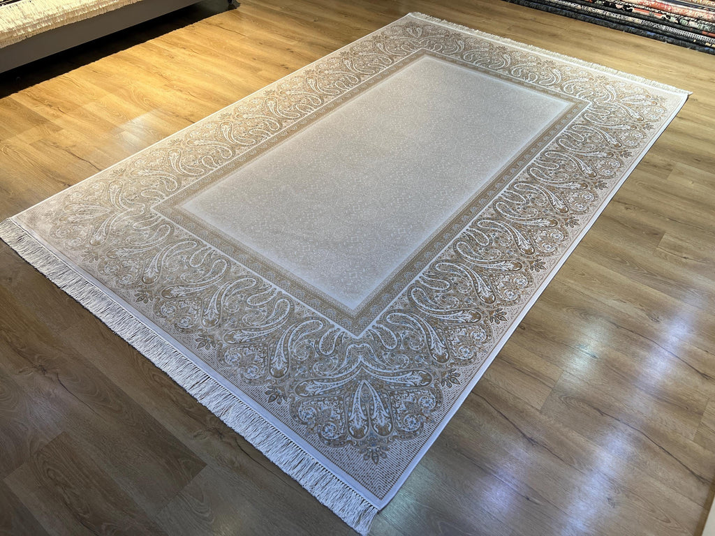 Cream Gold Silk Rug with Elegant Border, Classic Luxury Area Rug