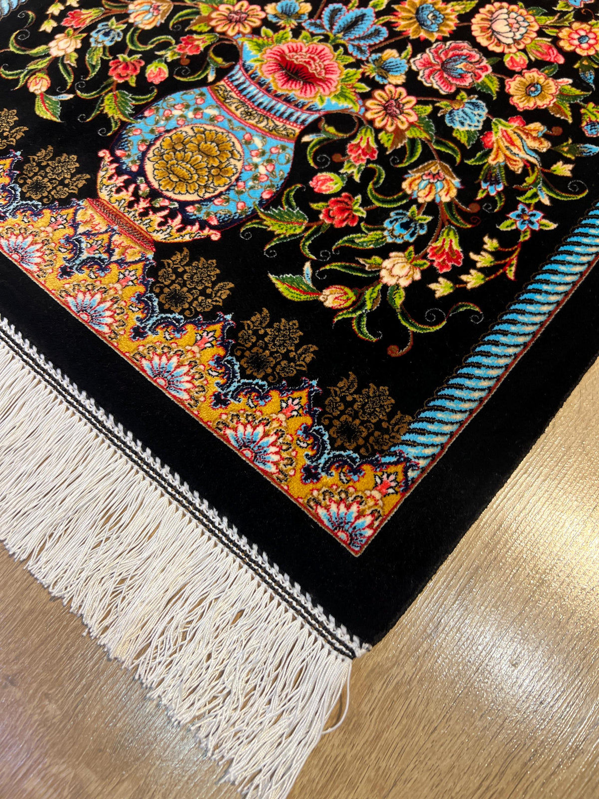 1.64x2.62 ft Black Floral Silk Tapestry Rug for Elegant Wall Decor