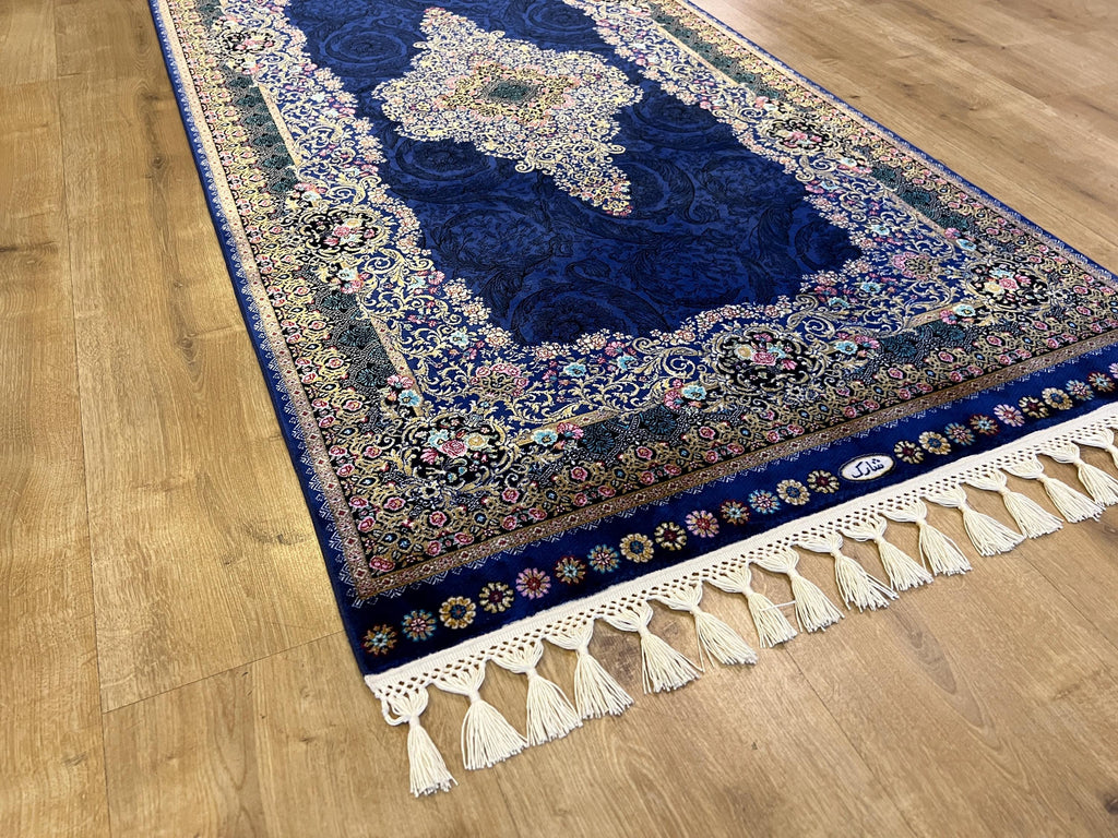 Navy Blue Medallion Silk Runner Rug, 3x10 ft, Turkish Style Classic Luxury Hallway Rug