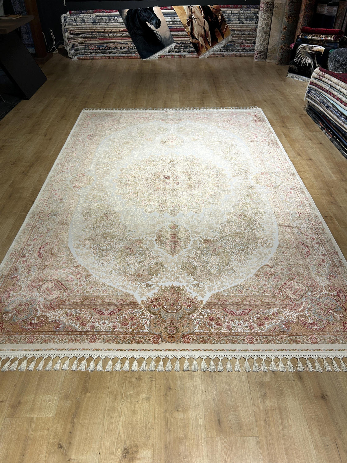 7x10 Ivory Silk Rug, Green Gold Floral Silk Carpet, Classic Medallion Design