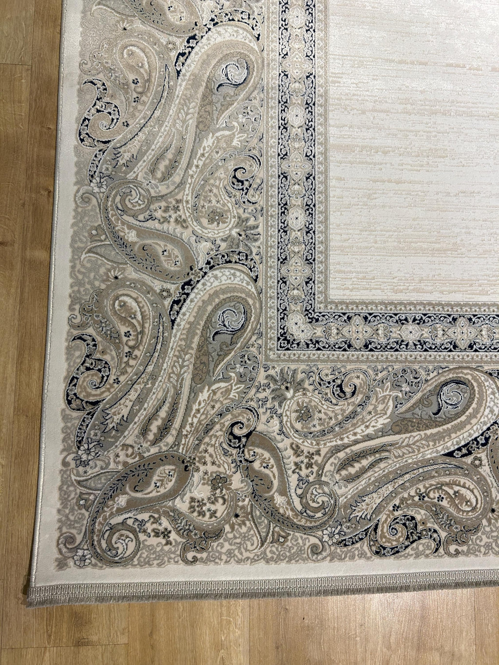 Cream Background Bamboo Rug with Beige Gray Navy Blue Border Design, Classic Home Decor