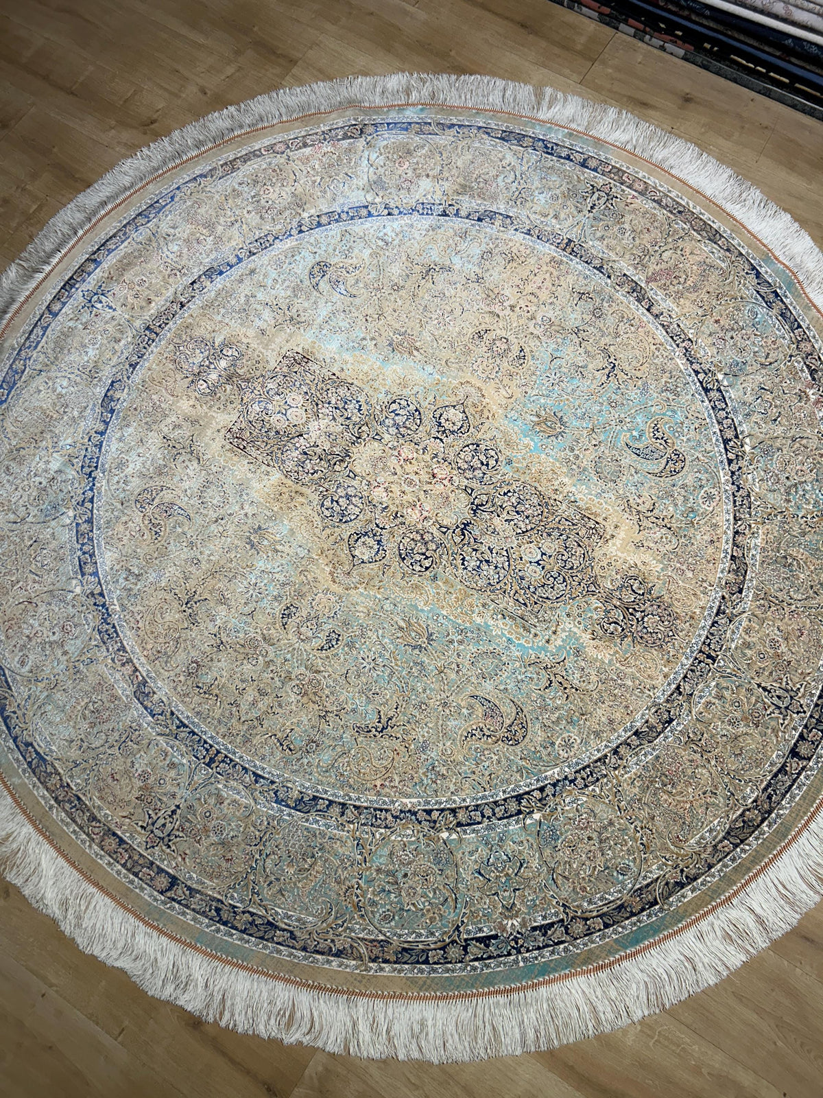 7x7 Ft Beige Blue Silk Rug, Distressed Pattern Medallion Carpet