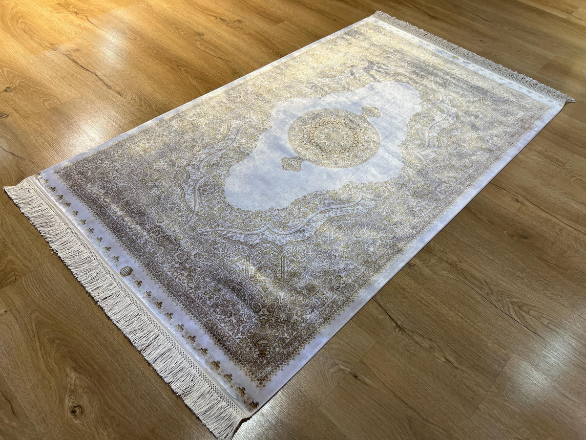 Ivory Silk Rug with Gold Pattern and Medallion, 3x5 ft, Classic Luxury Small Rug
