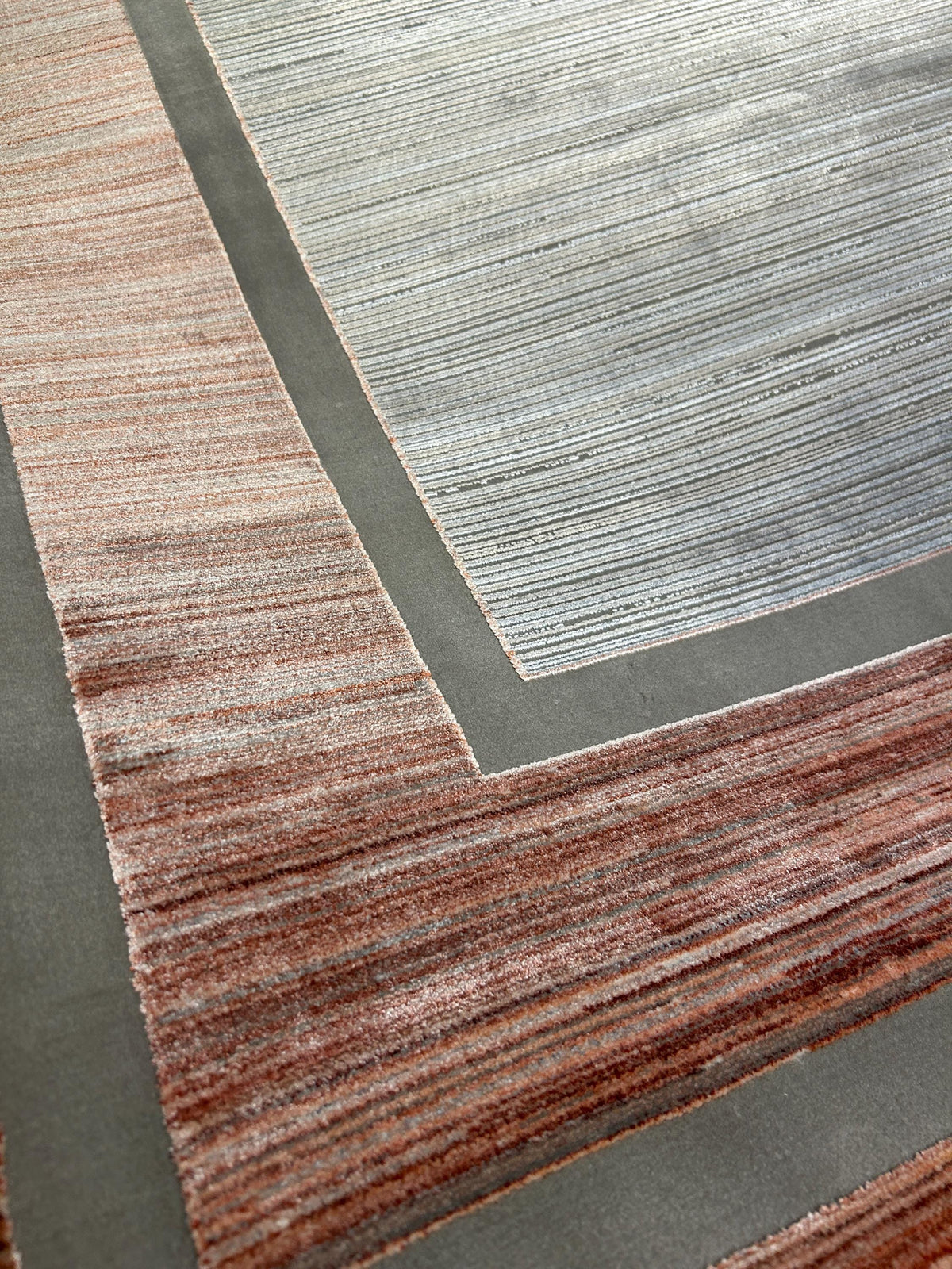 7x10 ft Pink Gray Beige Bamboo Rug, Bordered Minimalist Modern Rug, Oversize Carpet