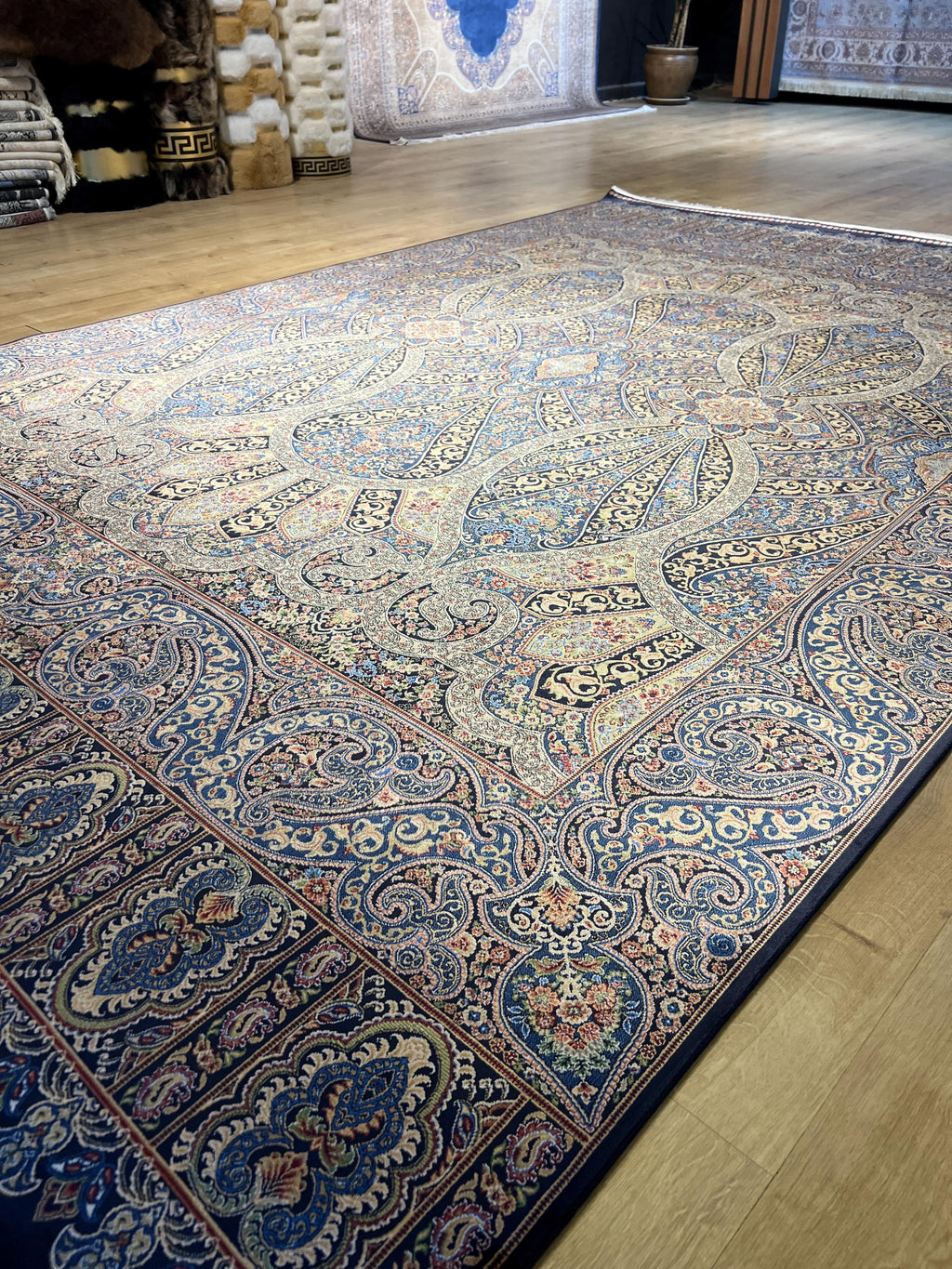 7x10 ft Blue Gold Silk Rug, Classic Turkish Carpet, Luxury Floral Design, Area Rug